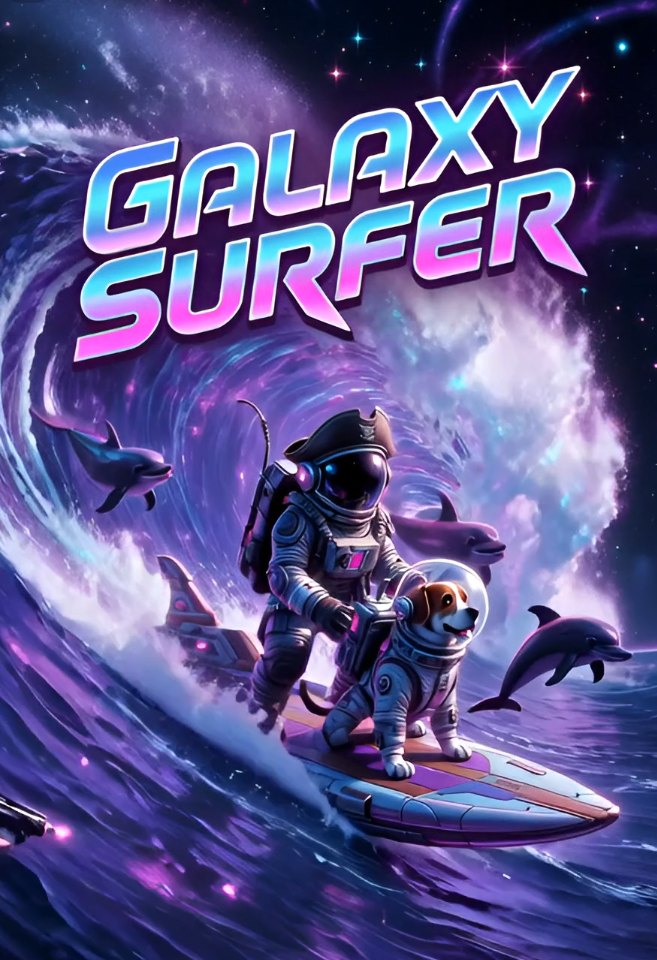 Galaxy Surfer logo: a pirate astronaut and beagle surfing a cosmic wave with space dolphins